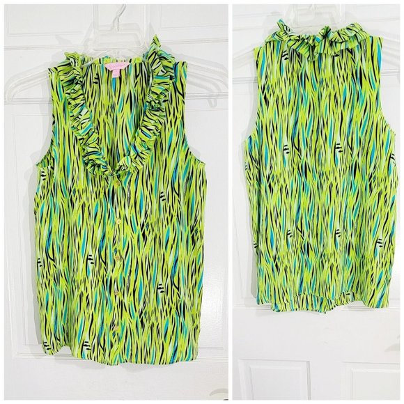 LILLY PULITZER Size 6 Multicolor Graphic Print Sleeveless Silk Ruffle V-Neck Top - Picture 5 of 14